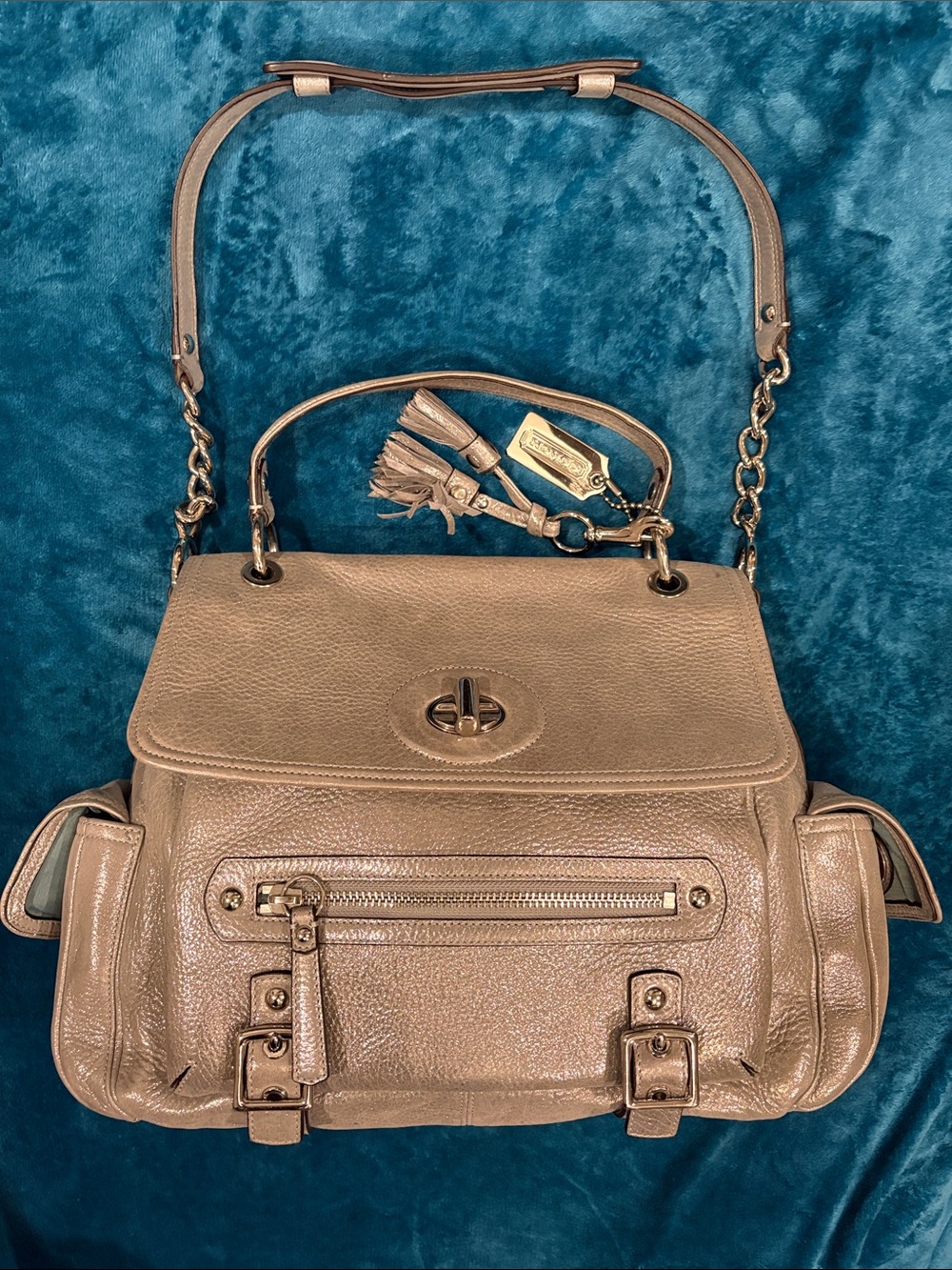 Limited Coach Sydney Silver Metallic Leather Convertible Satchel with Tassel